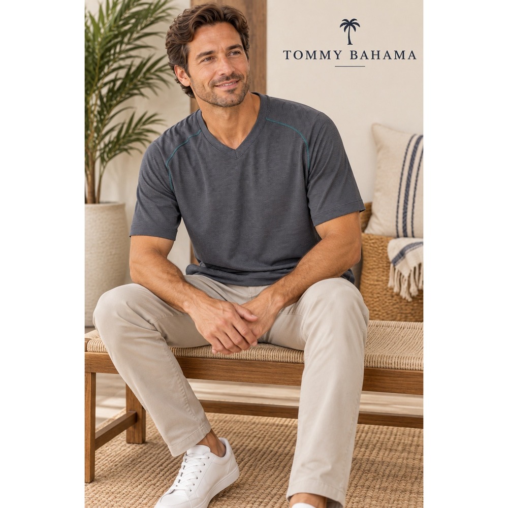 Tommy Bahama Mens Emfielder V-Neck T-Shirt Gray Modal Blend Short Sleeve Size M